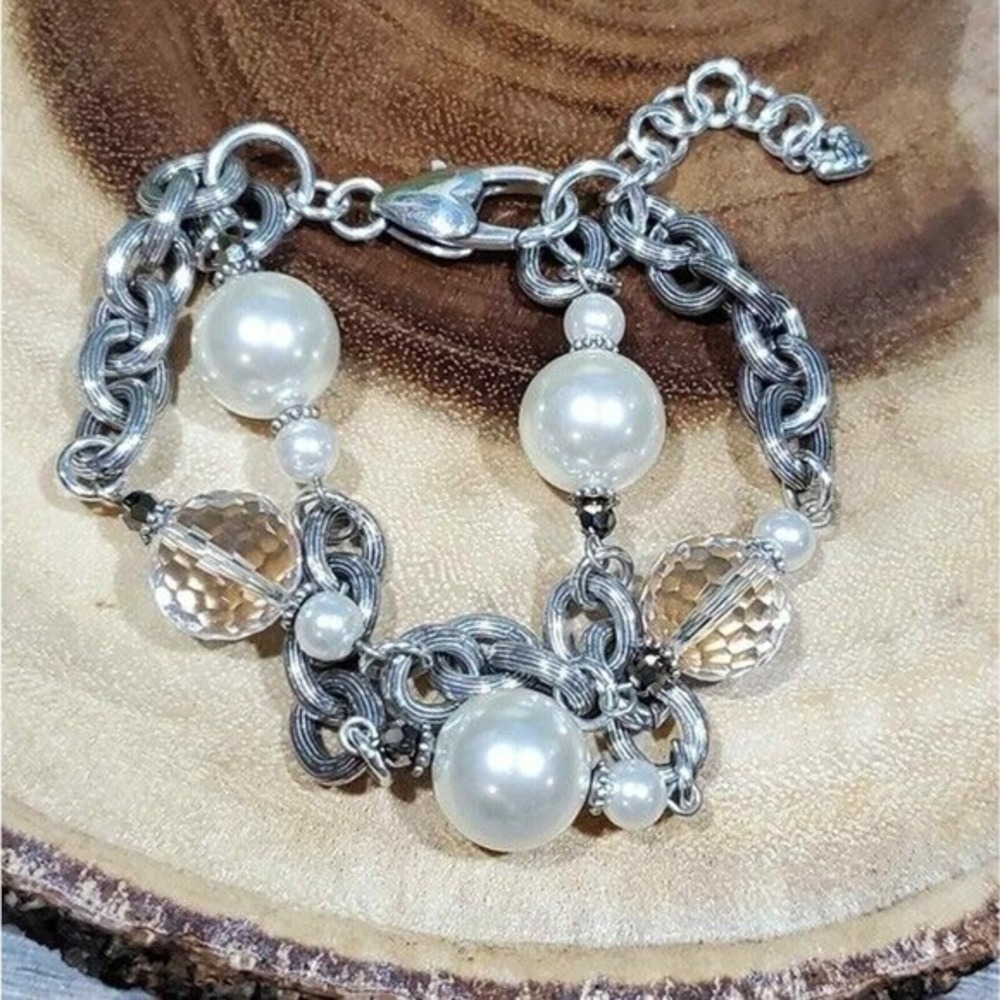 Brighton Faux pearl‎ Crystal Beaded Bauble double strand  Silver bracelet - Picture 3 of 7